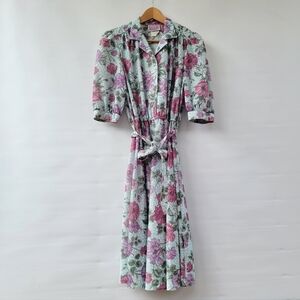 Vintage California Looks 70s Floral Shirt Dress Size Small Blue Pink House Dress